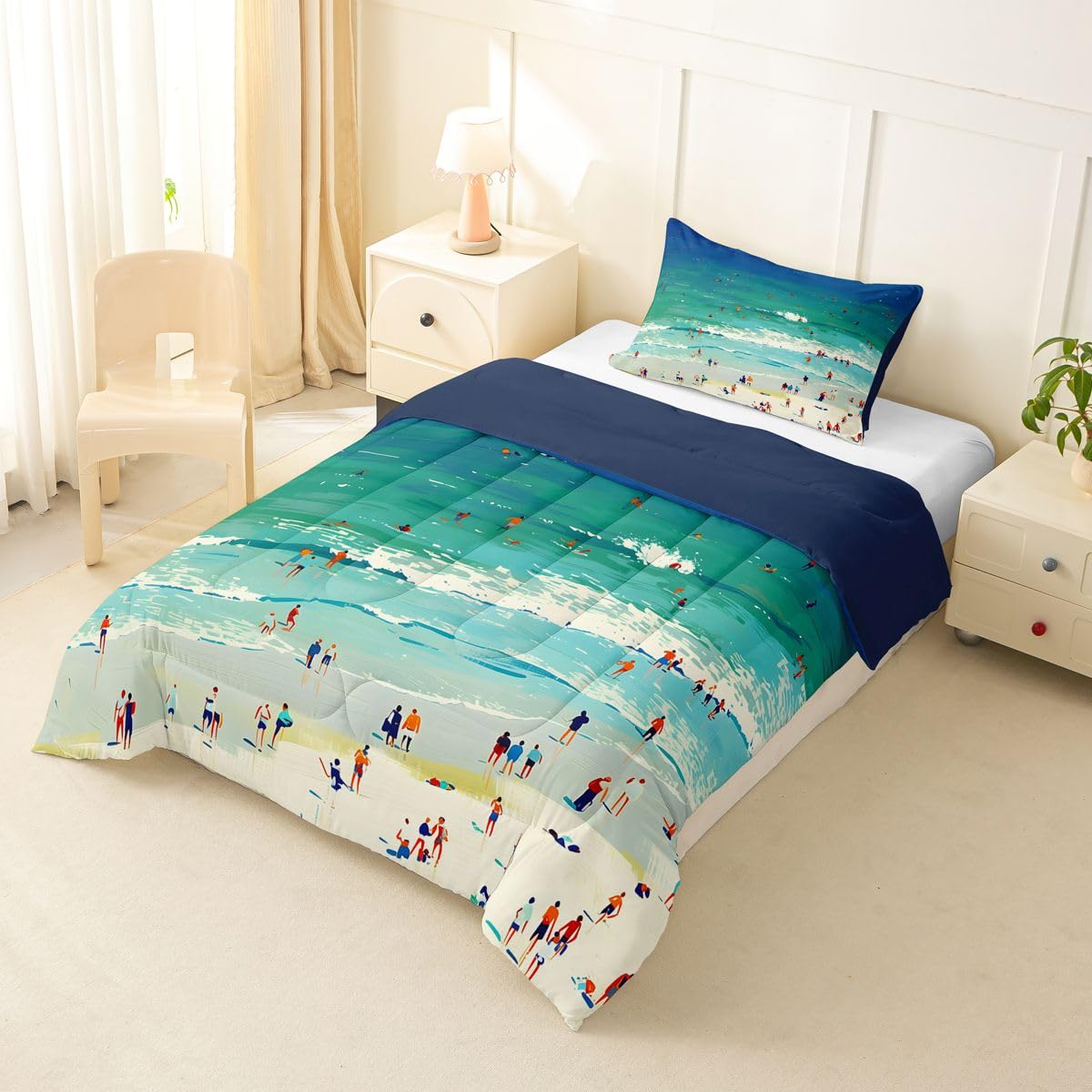 Erosebridal Coastal Beach Surf Comforter Set for Girls Women - Summer Hawaiian Surfing Toddler Bedding Sets Ocean Extreme Sports Comforter Tropical Coastal Themed Quilt Duvet 2 Pcs