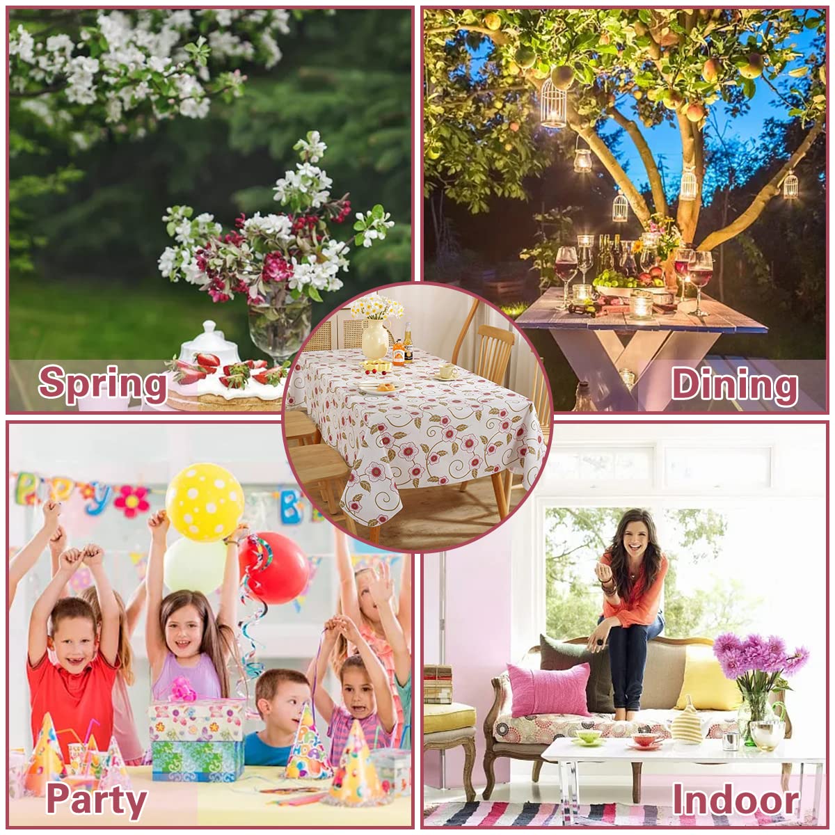 Spring Summer Vinyl Tablecloth with Flannel Backing Rectangle 52 x 70 Inch, 100% Waterproof & Oil Proof Plastic Floral Table Cloth, Heavy Duty Table Cover for Camping, Party, Picnic, Outdoor