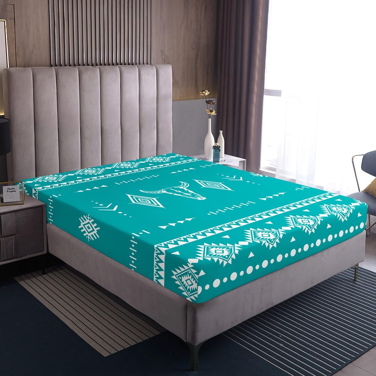 Erosebridal Bull Skull Full Size Bed Sheets Set, Western Cowboy Flat Fitted Sheet for Boys Girls Men Women Room Decor, Southwestern Native Bedding Set, Boho Aztec Ethnic Horns Bed Sets