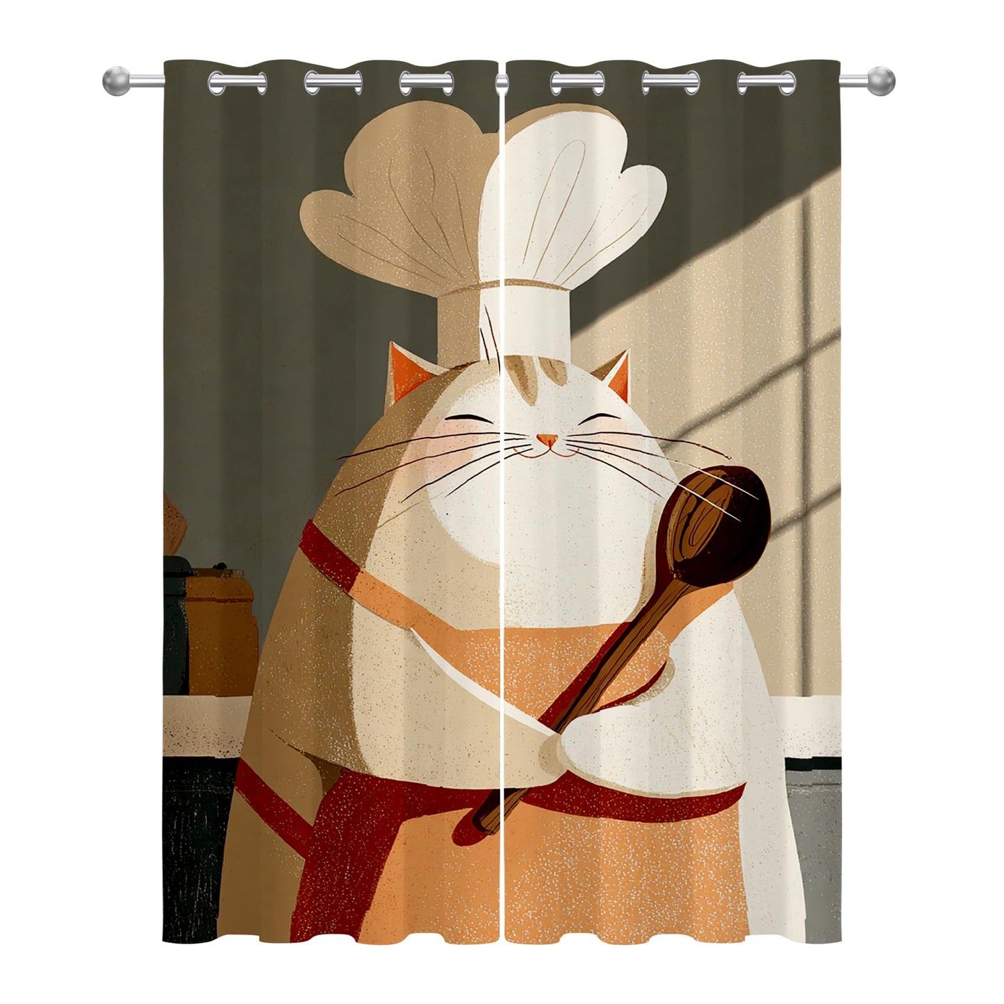 Solvivae Chef Kitchen Curtains Blackout, Room Darkening Thermal Insulated Grommet Drapes for Bedroom Living Room, Chef Cat Patterned Window Treatments, 96 Inch Curtains 2 Panel Set