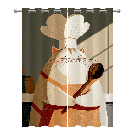 Solvivae Chef Kitchen Curtains Blackout, Room Darkening Thermal Insulated Grommet Drapes for Bedroom Living Room, Chef Cat Patterned Window Treatments, 96 Inch Curtains 2 Panel Set