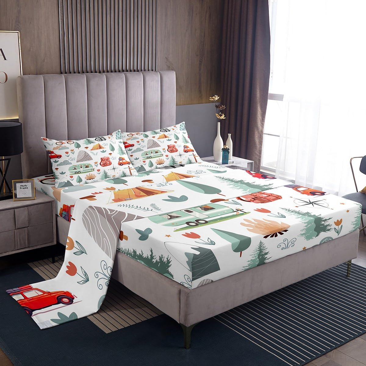 Kids Camper Theme Bed Sheets Set Full 4Pcs, Happy Camping Bedding Set, Travel Car Rv Accessories Sheets, Botanical Flowers Mountain Adventure Top Sheet, Cute Camper Flat Fitted Sheet Bedroom Decor