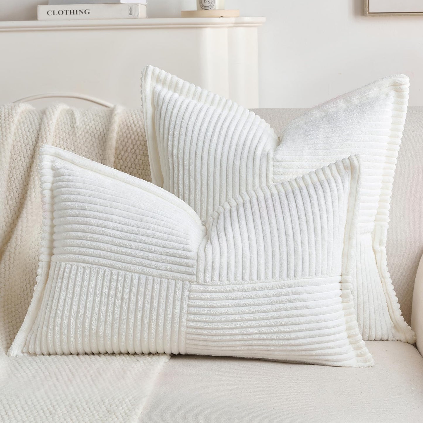 HAUSSY 2 Pack Pillow Covers 18x18 Inch, Corduroy Decorative Throw Pillows Soft Boho Striped Solid Couch Cushion Covers Home Decor Modern Pillow Cases for Living Room Sofa Bed, White (Covers Only)