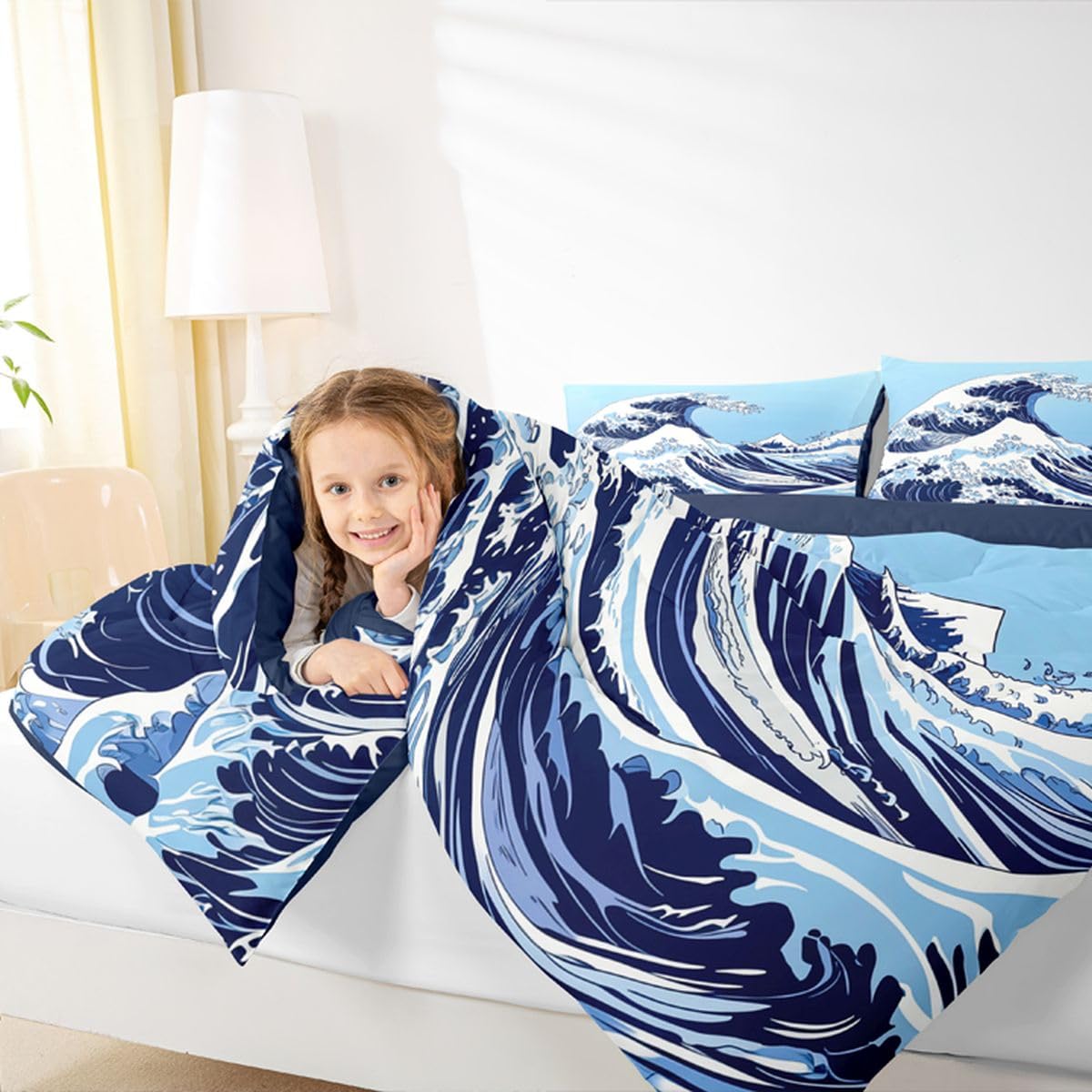 jejeloiu Wave Comforter Set All Season Ocean Wave Bedding Set with 2 Pillow Cases Abstract Microfiber Kids Queen Bedclothes Japanese Style Bedroom Decor Duvet Quilt Breathable Soft Lightweight