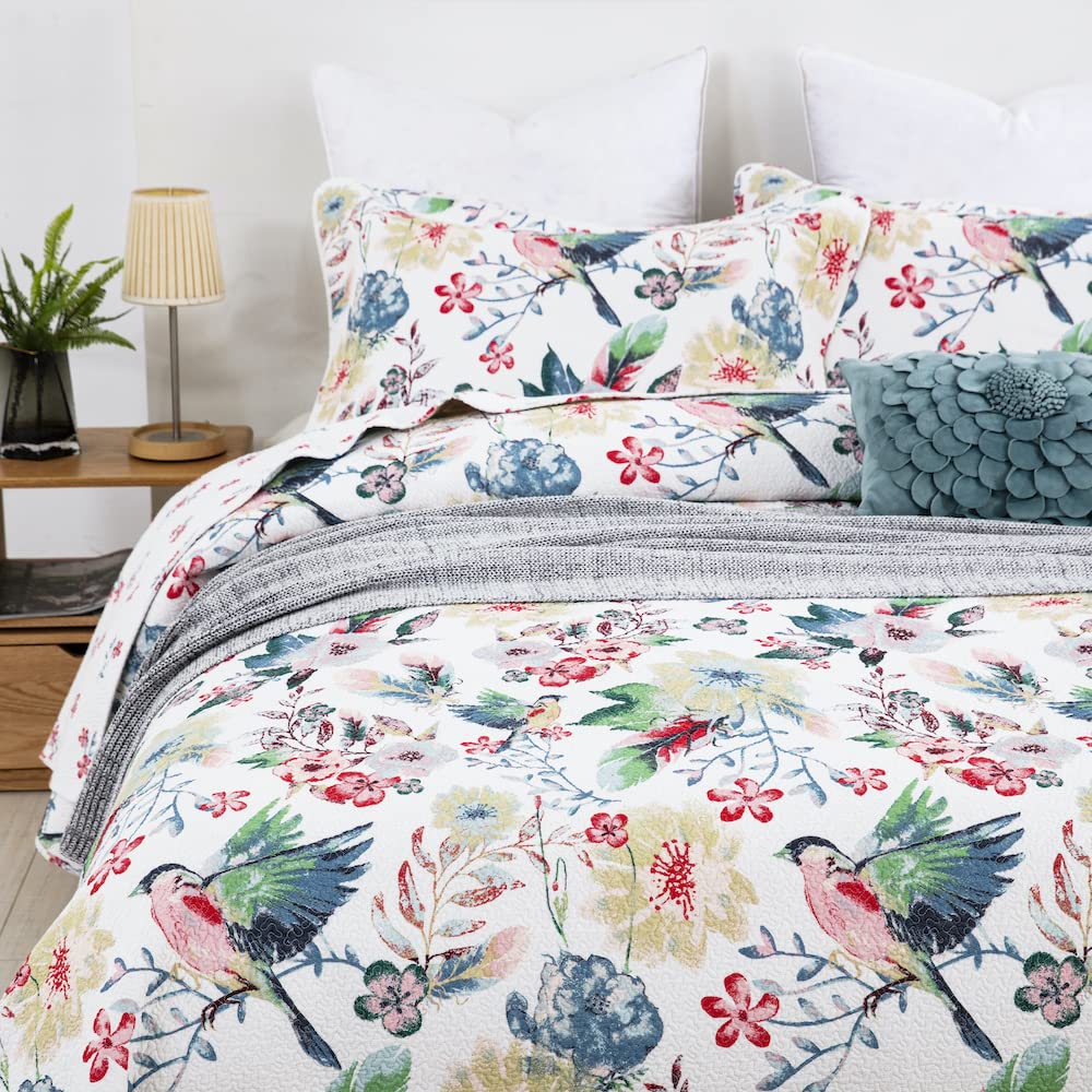 DAUAOTO Cotton Quilt Set Queen Size,Bed Coverlet Reversible Bedspread (Pattern Bird & Floral)