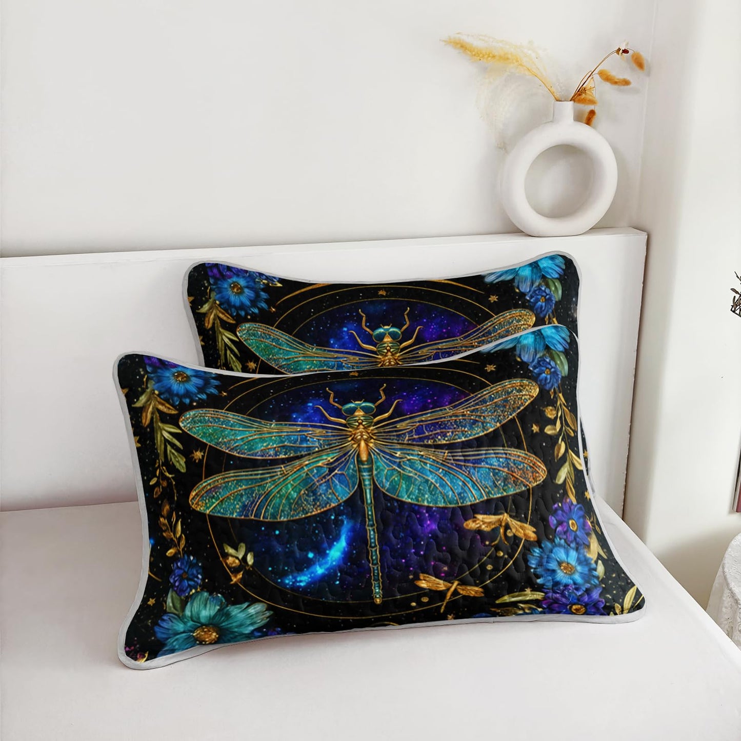 AILONEN Full Quilted Comforter Set 3 Piece, Teal Blue Dragonfly Bedspread Coverlet with 2 Pillowcases, Soft Elegant Gold Floral Quilted Bedding for Teens