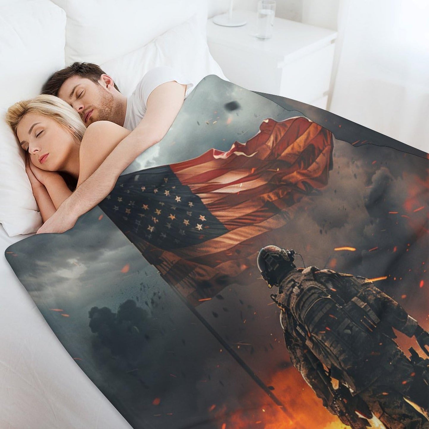 TOWINSFB American Flag Soldier Flannel Throw Blanket, Soft Lightweight Cozy Warm Vintage Military War Theme Blanket for Couch Bed Travel- 30"x40"