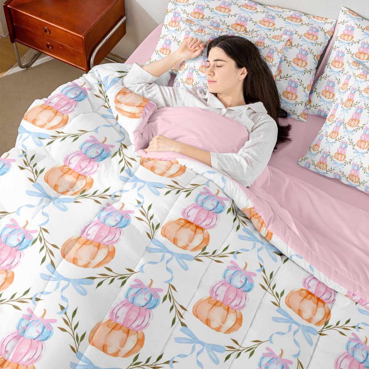 7 Pieces Watercolor Pumpkin Comforter Set Full Size,Pink Blue Bow Print Bedding Sets Kids Teens Adult Fall Plants Bow Grid Striped Quilt + Fitted & Flat Sheets + 2 Cushion Cover + 2 Pillowcases