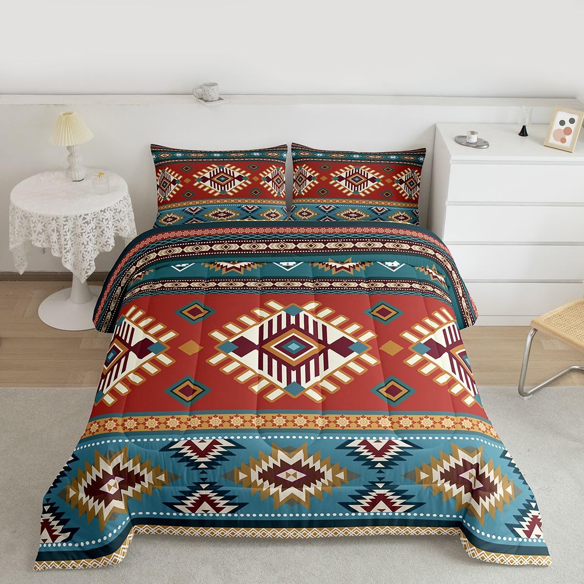 jejeloiu Southwest Native American Design Bedding Set Soft for Boys Girls, Southwestern Geometric Comforter Set Queen Size Boho Duvet Quilt Microfiber Tribal Bedroom Decor 3 Pcs with 2 Pillow Cases
