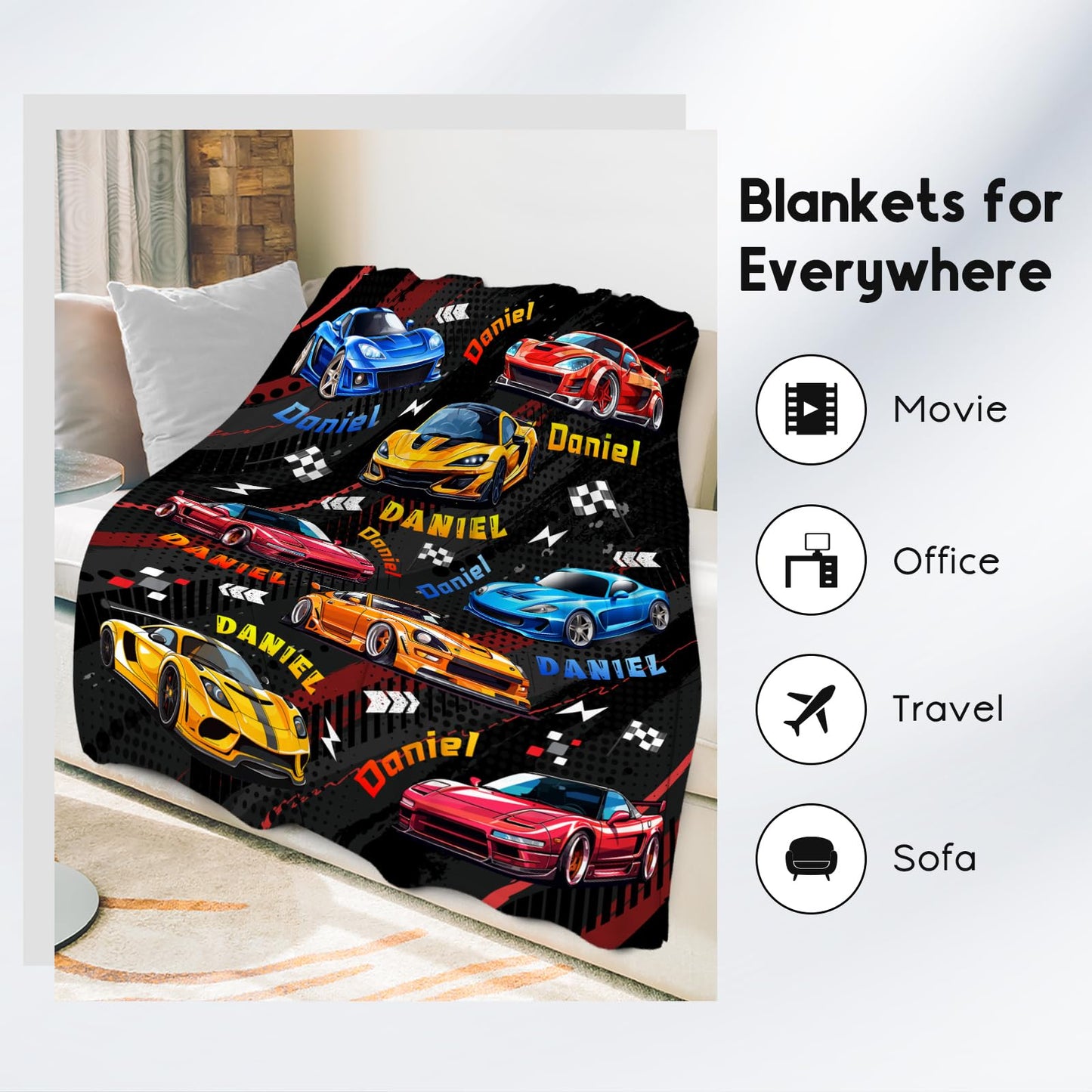 AIOMXZZ Kids Blanket for Boys, Personalized Racing Car Blankets Gifts for Toddler Teens, Custom Car Themed Flannel Throws with Name, 4 Size