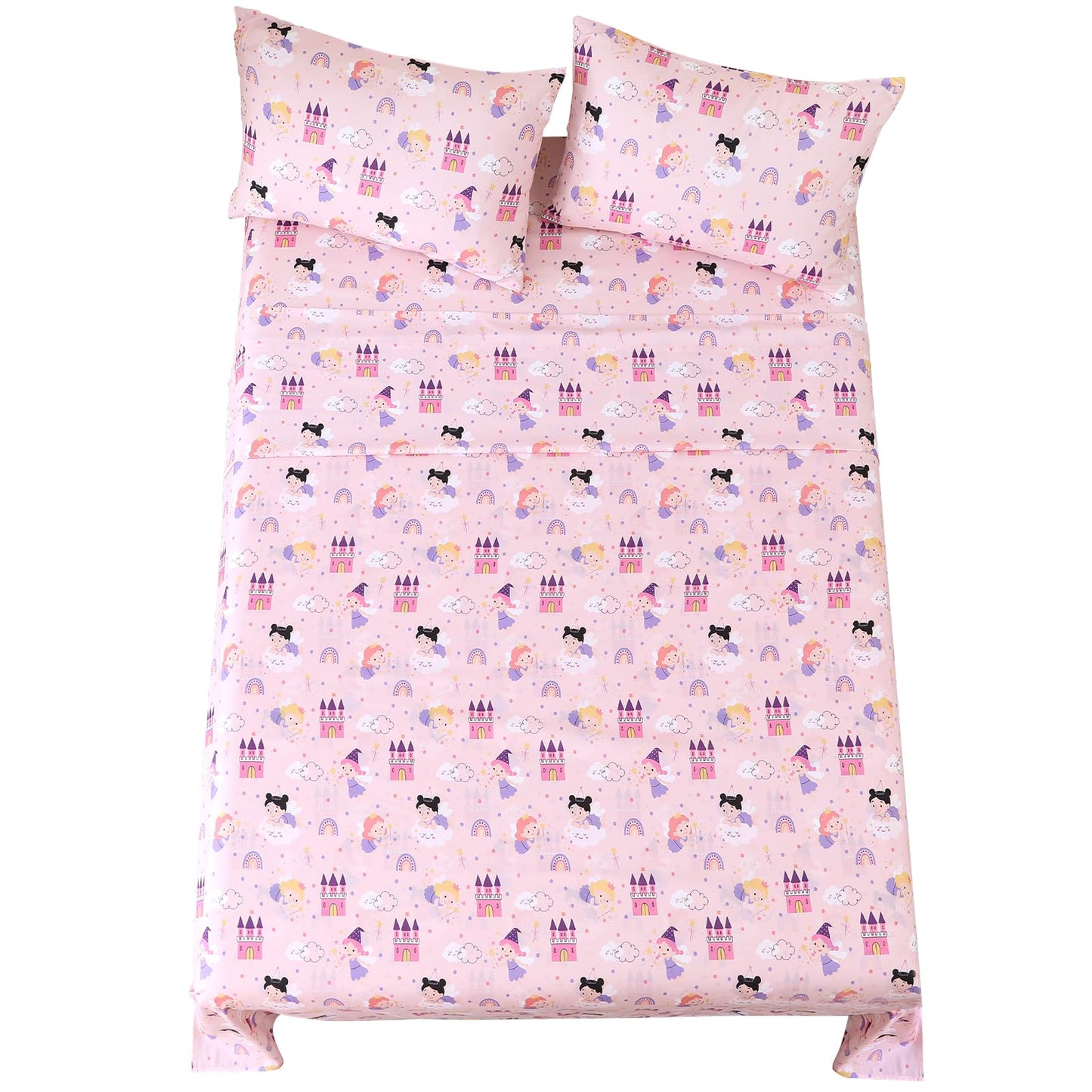 MCO Twin Sheets Set Kids, Soft Microfiber Bed Sheet Set for Boy Girls, 3 Pieces Breathable Twin Sheets Pink Fairy Castle