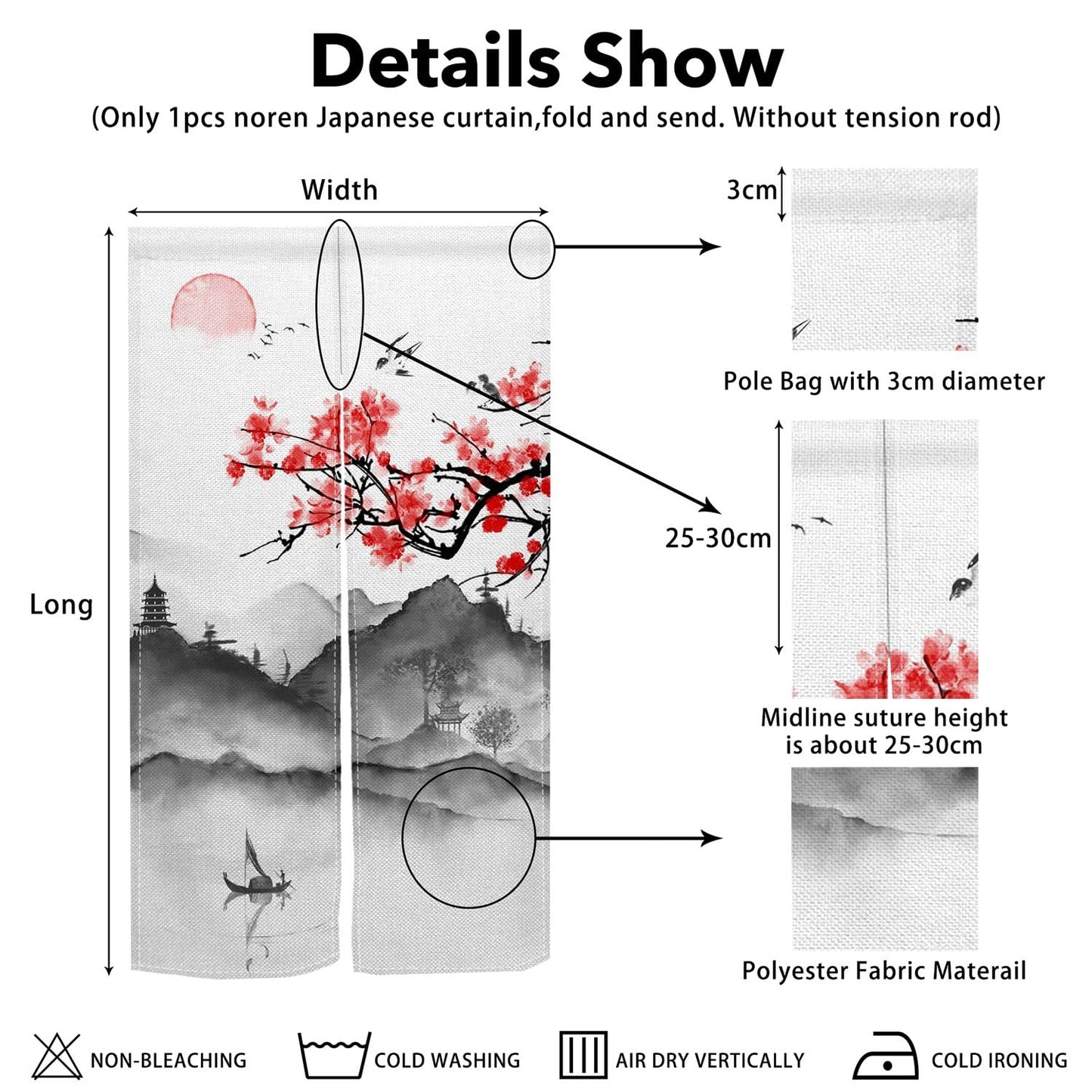 Leowefowa Japanese Noren Doorway Curtain Door Tapestry Traditional Chinese Cherry Blossoms Ink Mountain Painting Kitchen Door Curtains Hanging Room Divider Hallway Bathroom Home Decor, 33.5"x 70.9"