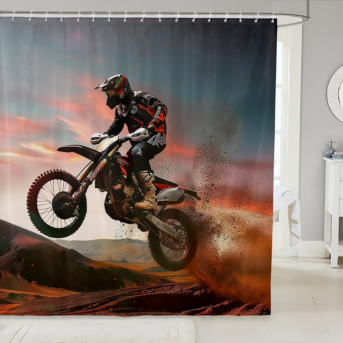 Feelyou Motorcycle Shower Curtain Dirt Bike Fabric Shower Curtain for Kids Boys Girls Extreme Sports Theme Bathroom Waterproof Accessories with 12 Hooks Motocross Curtains,72x72 Inches