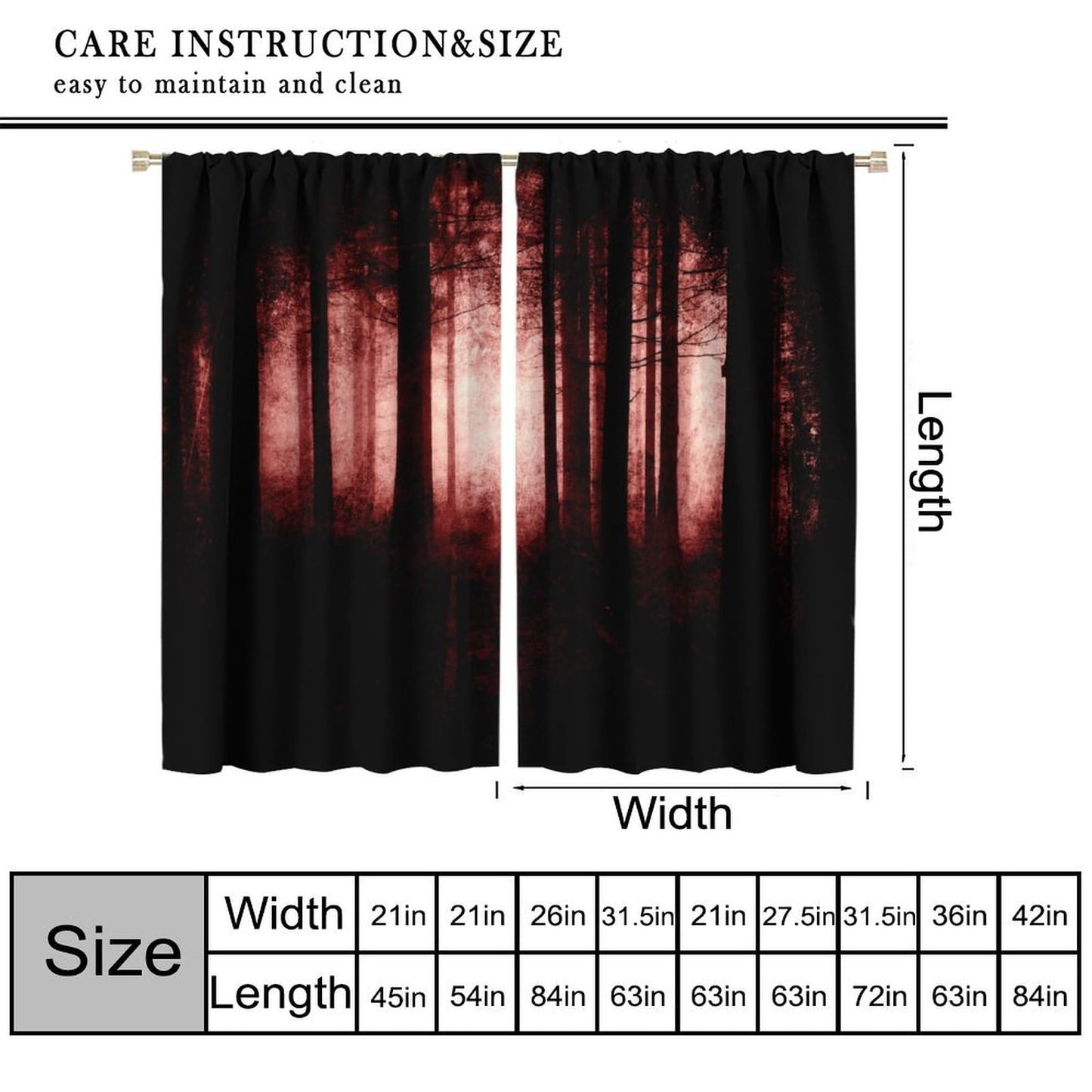 SHElifestyle Gothic Dark Red Forest Curtains, Haunted Creepy Landscape Misty Forest Window Treatments Spooky Horror Halloween Forest Window Drapes for Bedroom Living Room W42 X L45