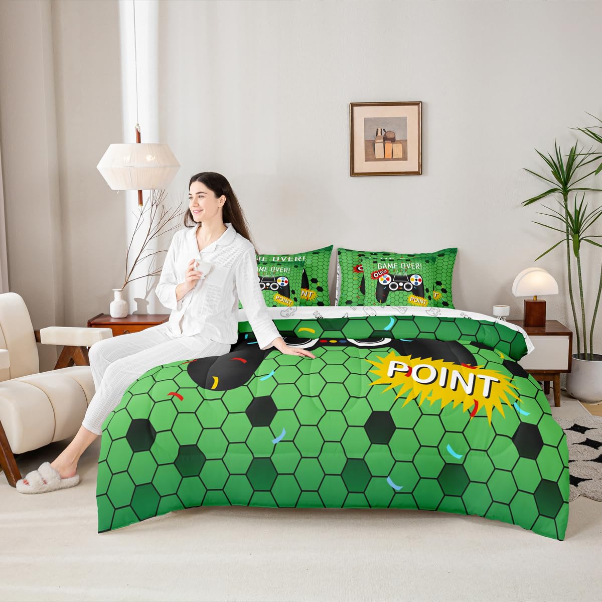 jejeloiu Gamer Comforter Set with Sheets 7 Piece Twin Size Gaming Bedding Set for Kids Boys Girls Game Room Decor Bed in a Bag Room Decor Soft Lightweight Microfiber