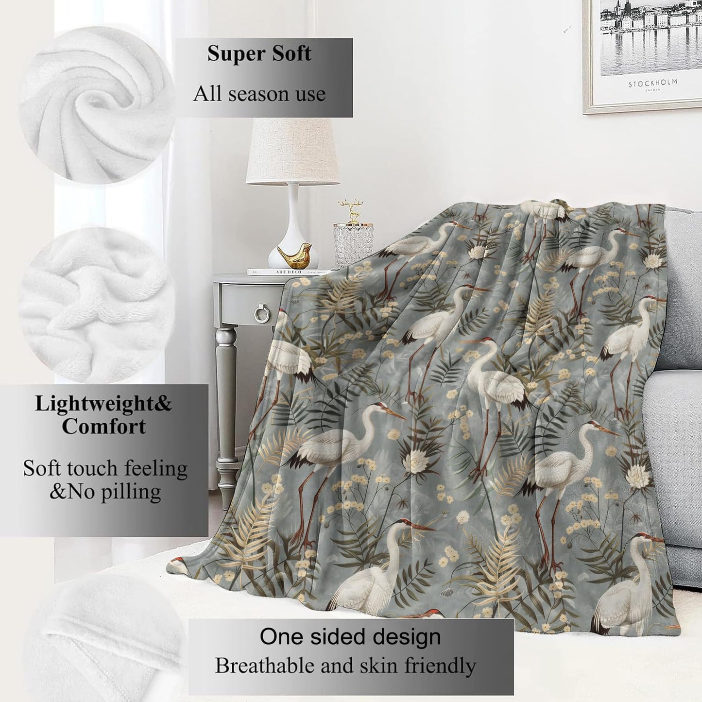 VODRM White Crane Blanket Cute Bird and Foliage Throw Blankets,Birthday Gifts for Kids Girls Boys,Lightweight Soft Fleece,Nature Wildlife Lovers,Sofa Couch Bed Room Elegant Decor 50x60in