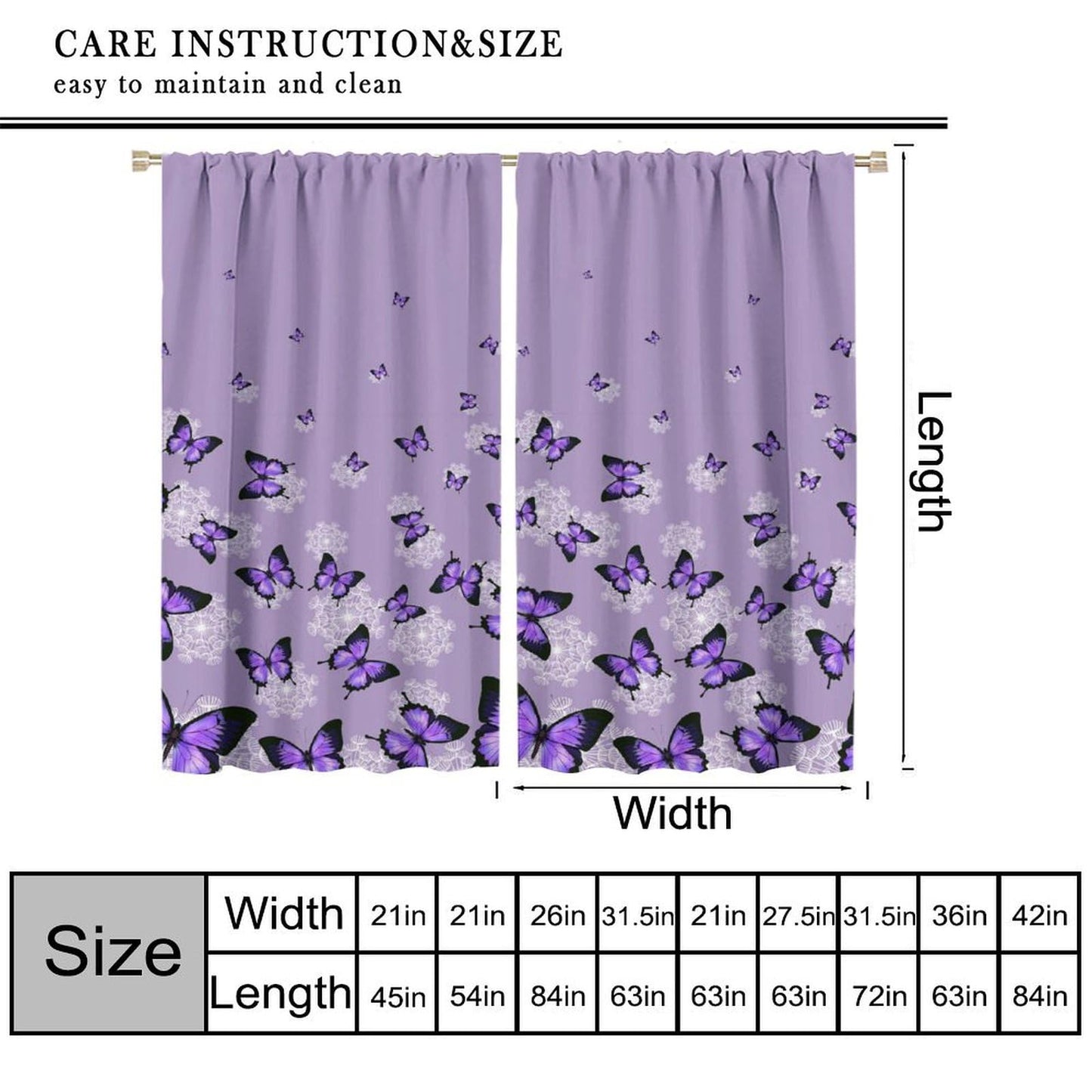 Butterfly Curtains for Girls Bedroom Decor Purple Art Printed Blackout Window Drapes for Living Room Kitchen Decor Fabric Set 2 Panel 42x45 Inch 30% Shading Rate
