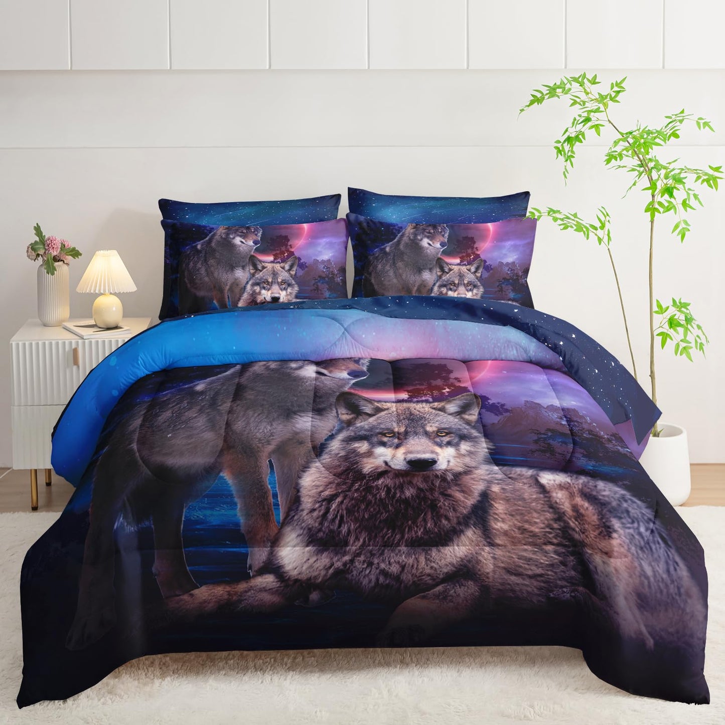 AILONEN Safari Wolf Comforter Set Twin Size,7-Piece Kids Girls Soft Bed in a Bag,Wolves Couples Comforter & Fitted Sheet & Flat Sheet & 2 Pillowcases,2 Pillow Shams for Bedroom