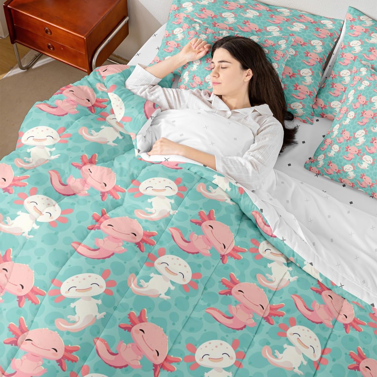 Erosebridal Cute Axolotl 7 Piece Bedding Set Twin Salamander Comforter Set with Sheets Kawaii Animal Bed in A Bag Wildlife Pet Bed Sets with 2 Pillowcases, 2 Throw Pillow Covers