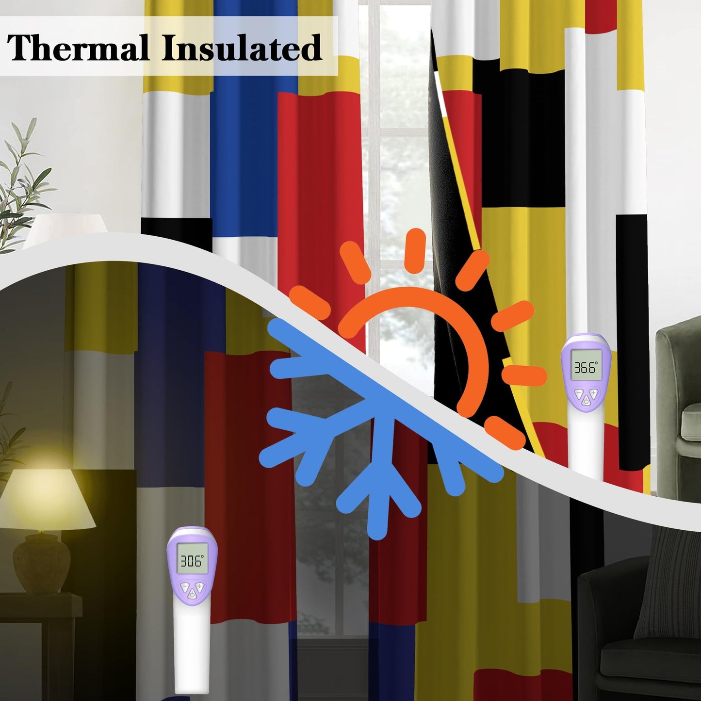 Tyrot Colorful 100% Blackout Curtains for Bedroom 63 inch Long 2 Panels Set Red Yellow Modern Abstract Geometric Black Out Curtains Insulated Room Darkening Window Drapes for Living Room, 52Wx63L