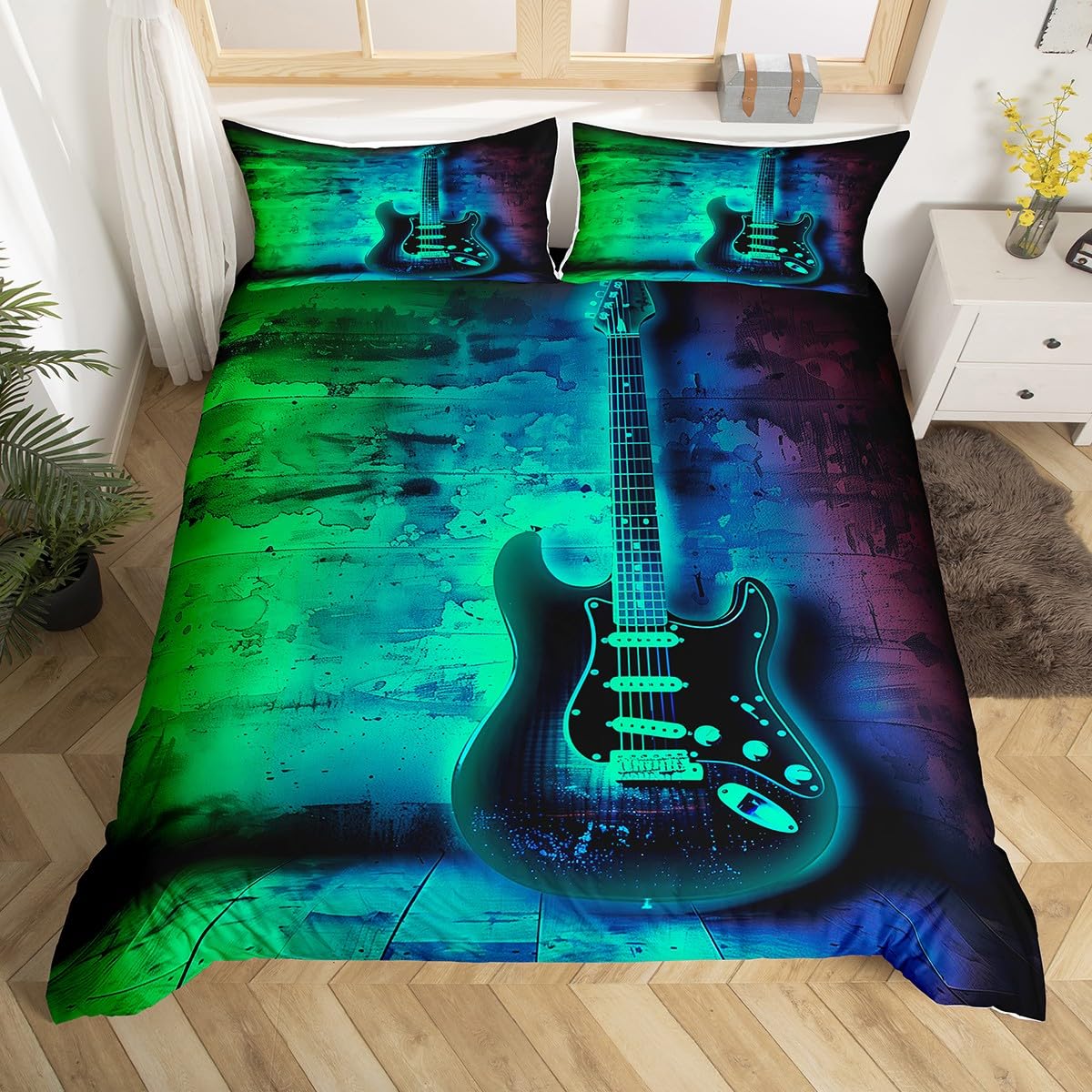 Electric Guitar Duvet Cover,Stringed Musical Instruments Bedding Set for Kids Child Boys Youth,Gradient Tie Dye Blue Teal Green Comforter Cover Set Hip Hop Pop Music Hipster Bedroom Decor King Size