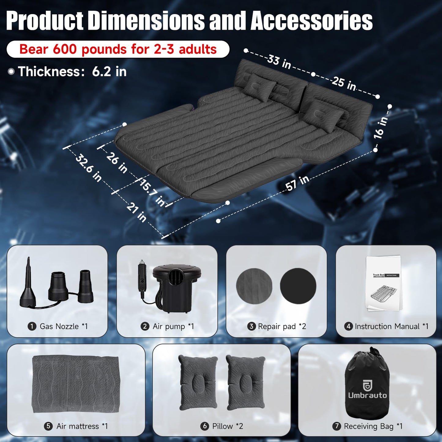 DikaSun Inflatable SUV Air Mattress Bed, Double-Sided Flocking Travel Camping Bed with Air Pump and 2 Pillows for Universal SUV