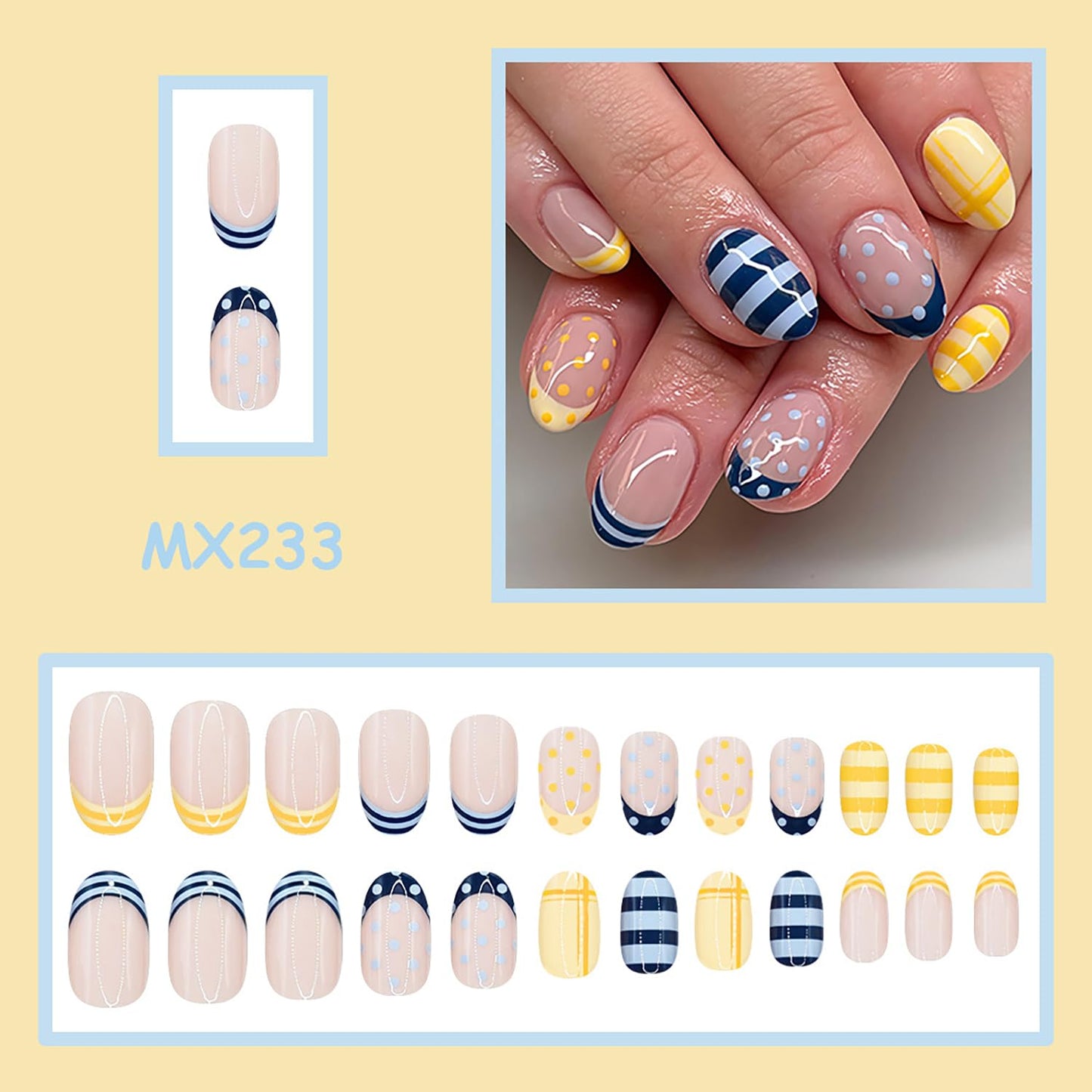 Blue Yellow Press On Nails Short Almond Fake Nails Cute Nails Press Ons With Polka Dot Stripes Designs Artificial Acrylic False Nails Full Cover Glue On Nails French Stick On Nails For Women