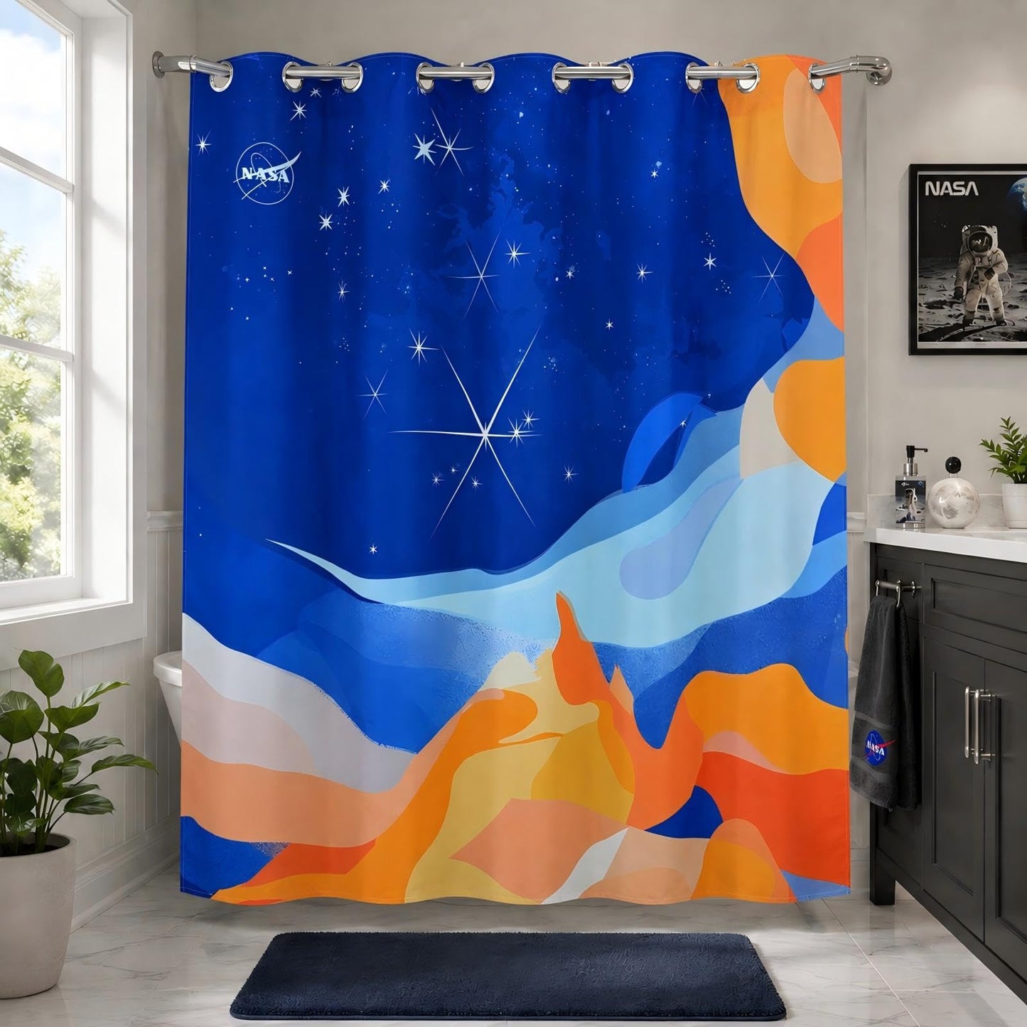 DRIFTED ROOT NASA Licensed No Hook Shower Curtain Set, Cosmic Dunes Nebula Starscape Design, Space Poster Art, Oxford Cloth, Bathroom Hotel Decor (Cosmic Dunes-Blue, 72" W x 74" L (Pack of 1))