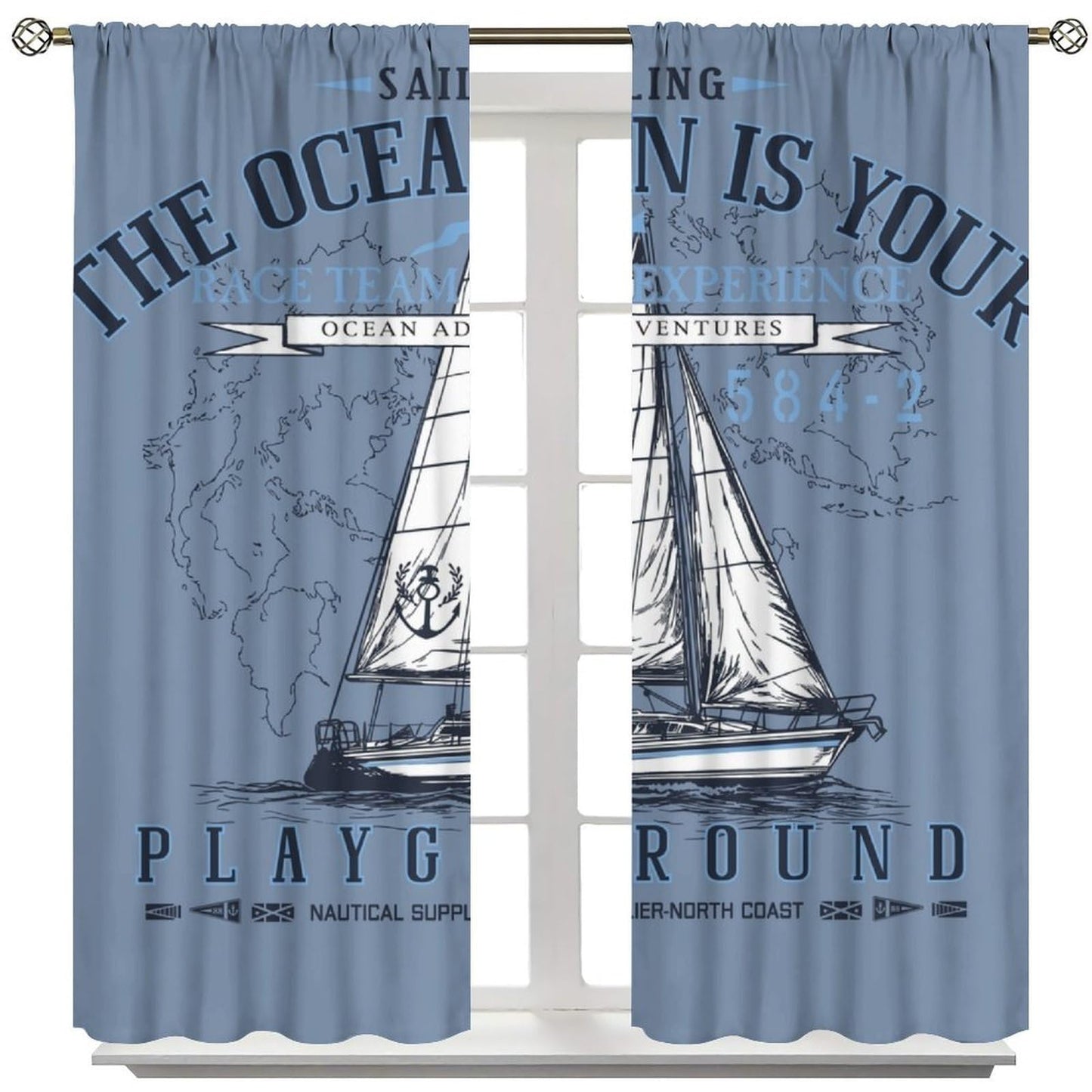 Ocean Nautical Curtain, Funny Retro Coastal Sailboat World Map Pattern Print Decor Rod Pocket Window Treatments, for Bedroom Living Room Kitchen 42" W X 45" L