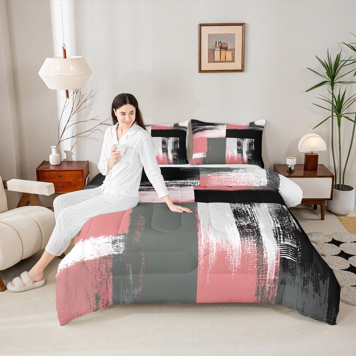 Feelyou Buffalo Check Comforter Set Geometric Comforter for Kids Boys Girls Teens Geometric Pink Grey Black White Bedding Set Breathable Modern Art Duvet Set Room Decor Quilt Set Queen Size