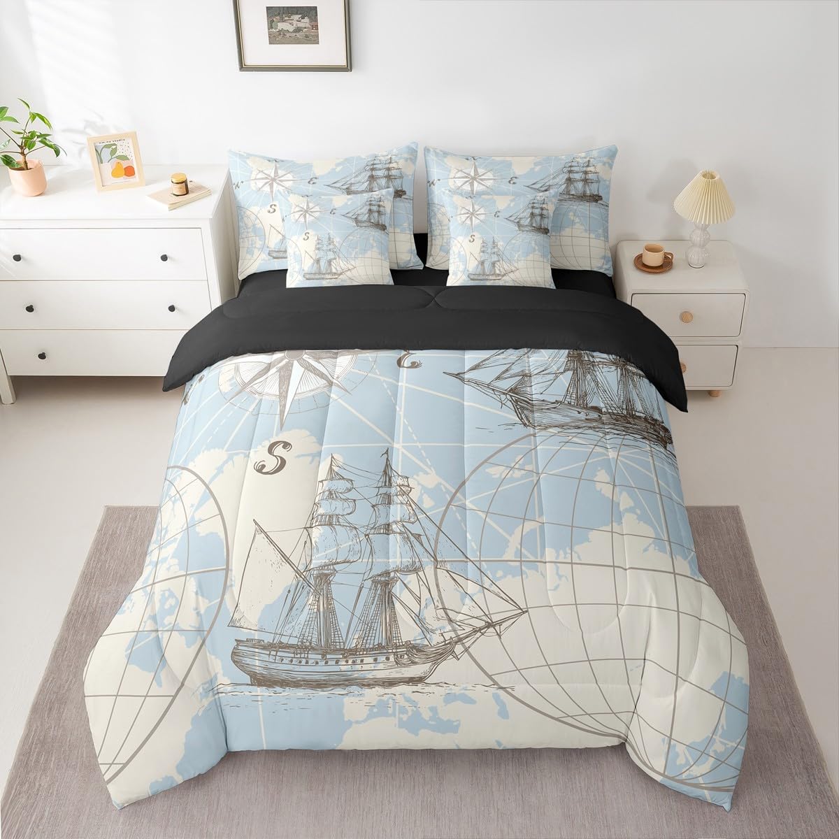 Erosebridal Nautical Full Comforter Set 7 Pieces, World Map Bed in A Bag for Bedroom, Sailing Boat Yacht Bedding Set with Comforters, Sheets, Pillowcases Retro Compass Room Decor