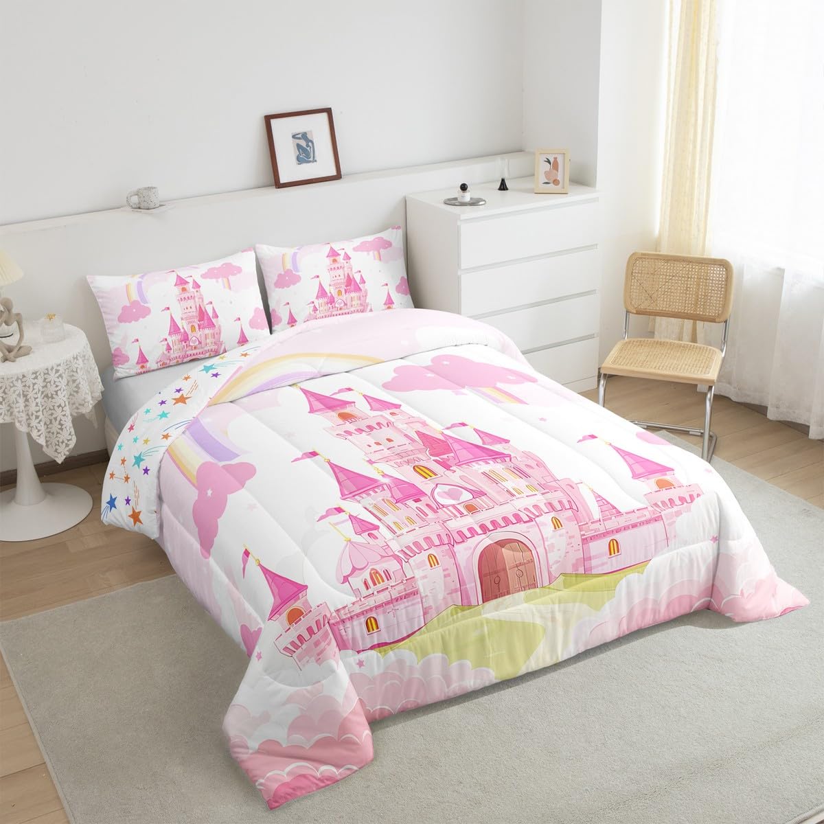 Feelyou Kids Queen Pink Castle Comforter Set Rainbow Castle Bedding Set Girls Princess Comforter Fairy Tales Duvet Set Girls Bed Set 3Pcs