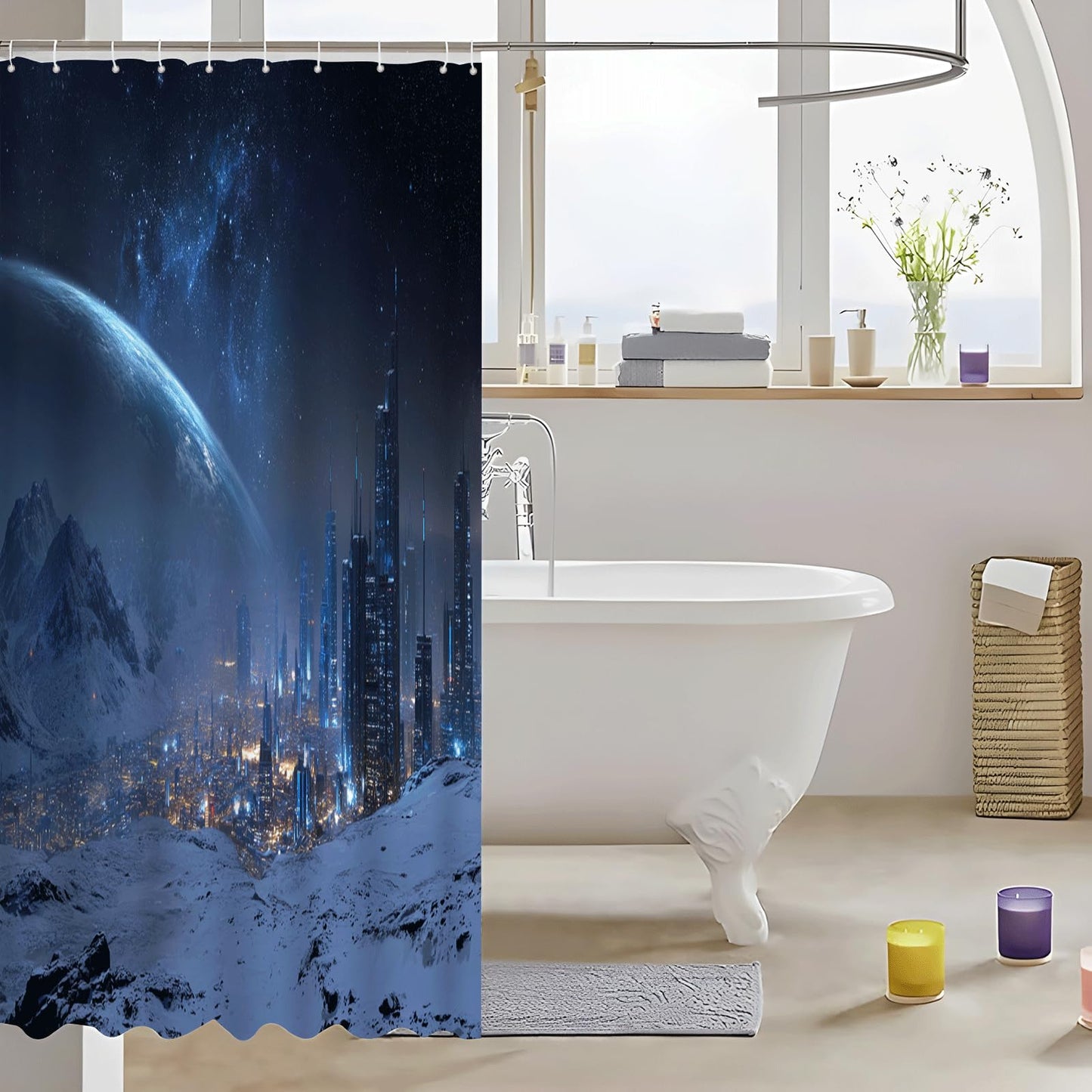 ZROLUW Blue Starry Sky Shower Curtain,48" W x 72" L Snow Mountain City Landscape Shower Curtains for Bathroom, Fabric Bath Curtain Sets Decor with Hooks