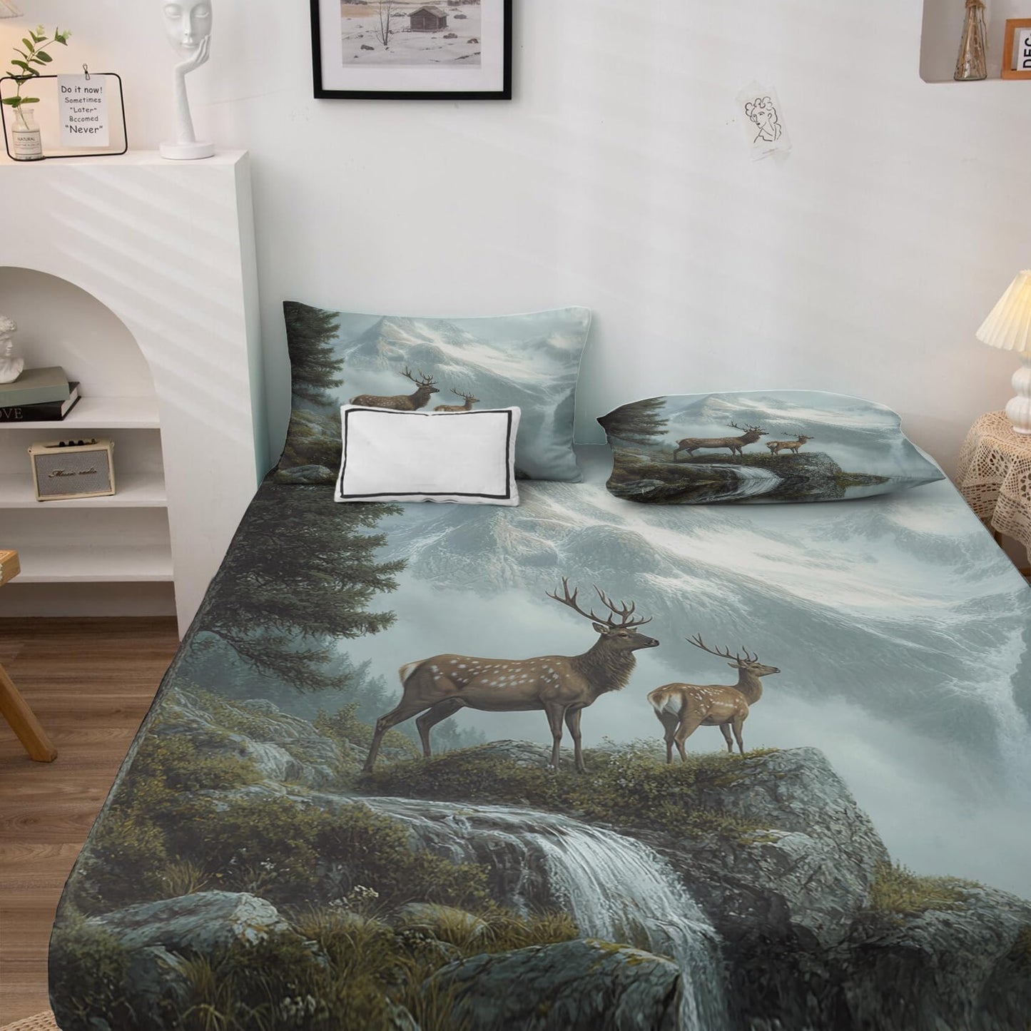 NOGAWA Deer Sheets Twin XL, Wildlife Bed Sheets, Rustic Hunting Bedding Sheets, Soft Microfiber Deep Pocket Fitted Sheet & Flat Sheet & Pillowcase