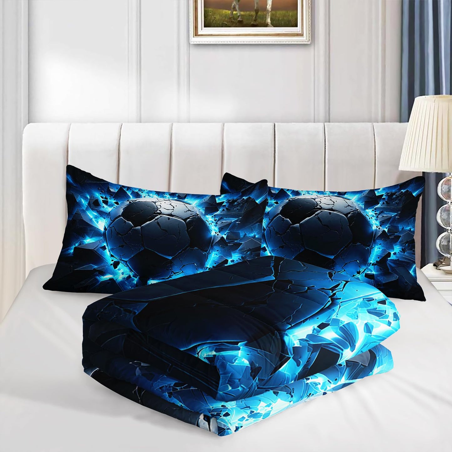 Soccer Print Comforter 3Pcs Twin Blue Sport Soccer Broken Wall Bedding Set