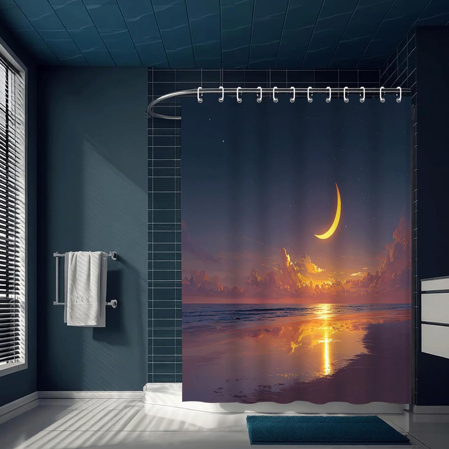 ZROLUW Moon Tropical Sea Shower Curtain 72" W x 72" L Nature Bathroom Decor Curtain with Hooks