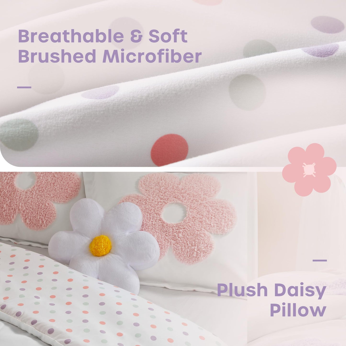 Intelligent Design Kids Full Comforter Set for Girls, Tufted Chenille Floral Comforter Set Queen, Lightweight Polka Dot Reversible Bed Set, Shams, Pillow, Gracie, Full/Queen White/Purple 4 Piece