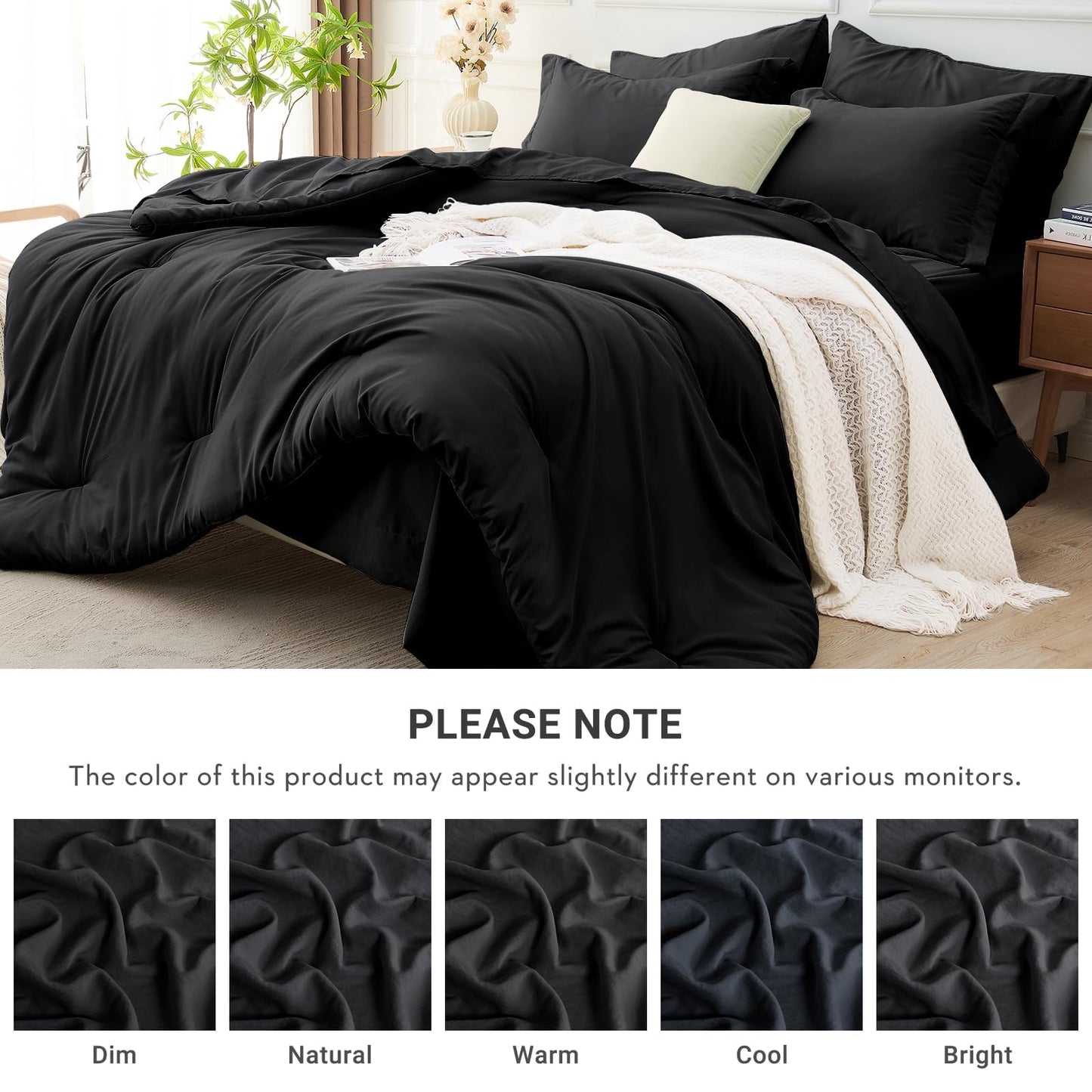 MUXHOMO 7 Pieces King Comforter Set, Soft Bed in a Bag King Size, All Season Bedding Set with Comforter, Flat Sheet, Fitted Sheet, Pillowcases & Shams, Black
