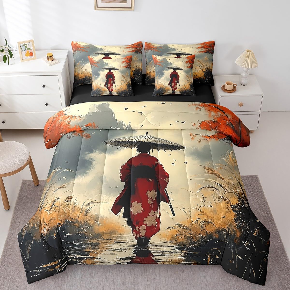 Erosebridal Aesthetic Japanese Comforter Set Twin,Japan Kimono Bed in a Bag for Girl Women Lady,Samurai Ukiyoe Bedding Set 7Pcs,Japan Scenery Quilt