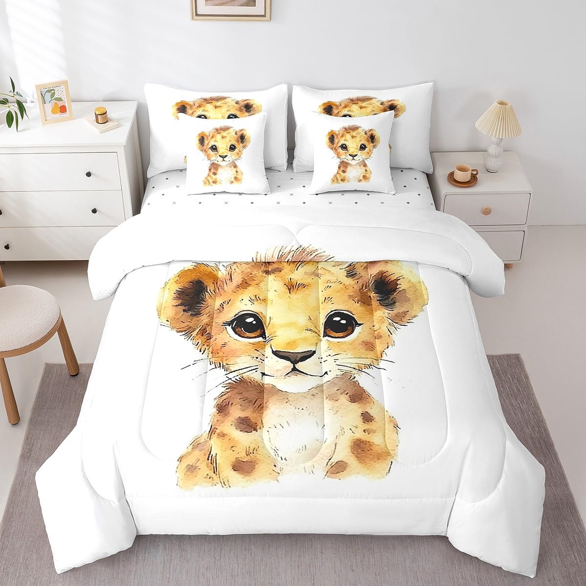 Erosebridal Kawaii Lion Twin Size Comforter Set with Sheets Kids | African Jungle Animal 7-Piece Bedding Set Tropical Forest Wildlife Pattern Bed in a Bag Cartoon Wild Safari Animal Bed Quilt Sets