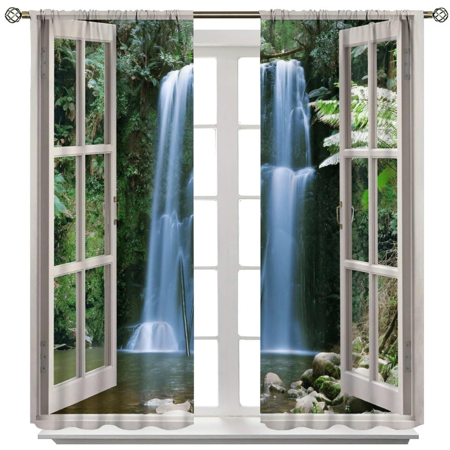 Nsbul Landscape Curtains, Waterfall Scene Lush Greenery Nature Decor Window Drapes for Bedroom Living Room, 42" W X 45" L (No Blackout)