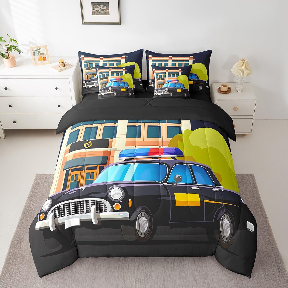 Erosebridal Police Car 7 Piece Comforter Set Full Bed in a Bag,Policeman Vehicle Car Bedding Sets Police Van Sheet Set with Comforter