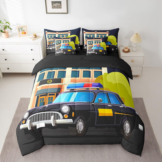Erosebridal Police Car 7 Piece Comforter Set Full Bed in a Bag,Policeman Vehicle Car Bedding Sets Police Van Sheet Set with Comforter