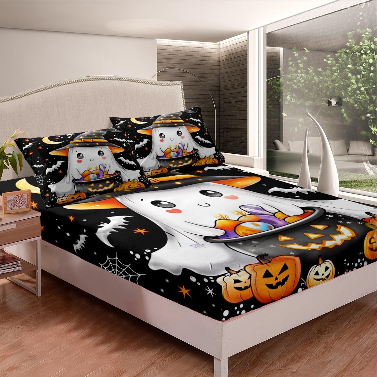 Cute Witch Ghost Fitted Sheet 3 Pcs,White Bat Silhouette Polka Dot Soft Microfiber Sheets Breathable Bedding,Watercolor Pumpinks Candys Bedsheet with Deep Pocket