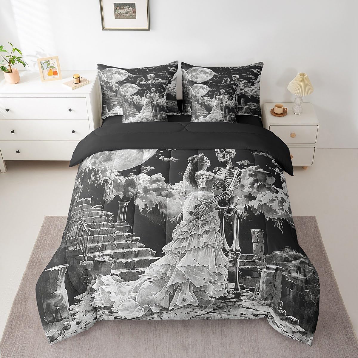 Erosebridal Sugar Skull Comforter Set King,Romantic Skeleton Couple Bedding Set 7Pcs,Glitter Starry Sky Stars Bed in a Bag,Trippy Skull Bones Quilt