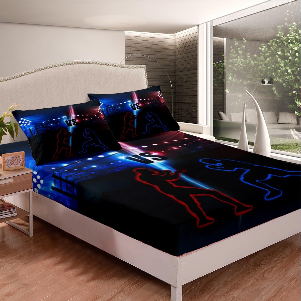 Manfei Wrestler Wrestling Fitted Sheet Twin Size, Young Men Sports Theme Bed Cover with 1 Pillowcase, Blue and Red Bedding Set 2pcs for Kids Teens Room Decor, Soft Polyester Bedding