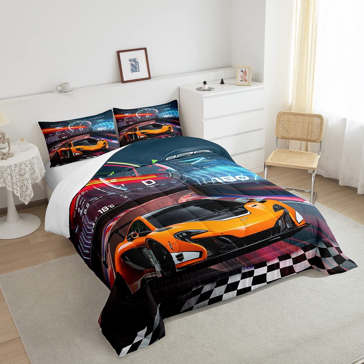 Feelyou Race Car Bedding Set Boys Extreme Sports Comforter Set for Kids Boys Cool Car Comforter Car Sports Quilt Set 1 Comforter Set with 2 Pillowcases Full Size