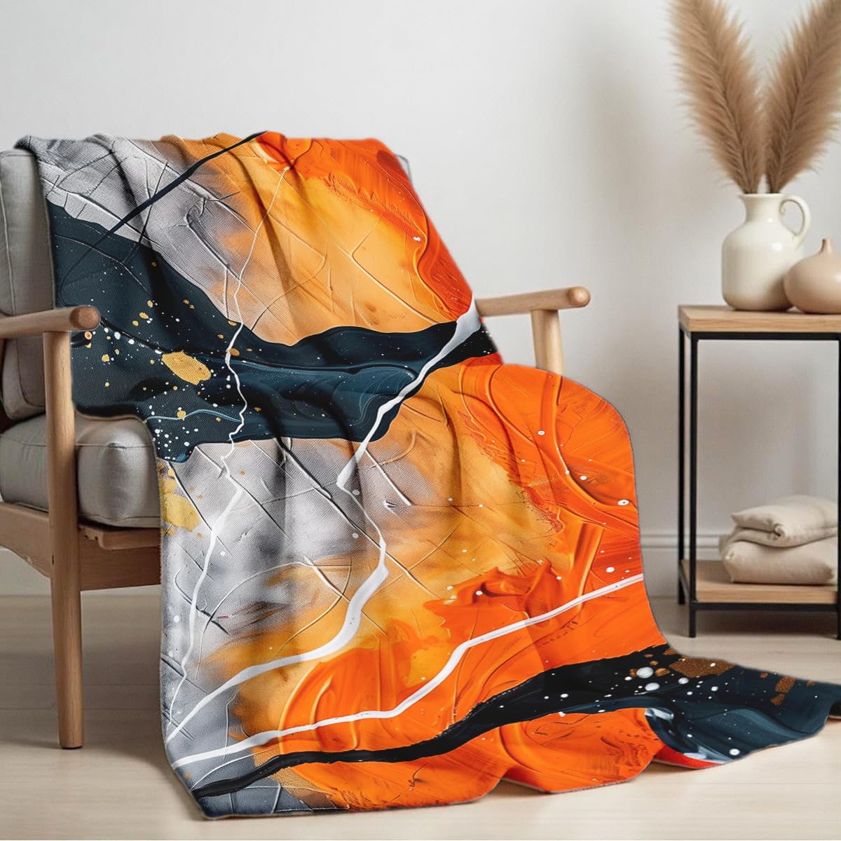 HUNXIAOJ Orange Blanket Throw for Couch Bed Abstract Print Blanket Soft Flannel Bedding Modern Bedroom Home Decor (49"x59")