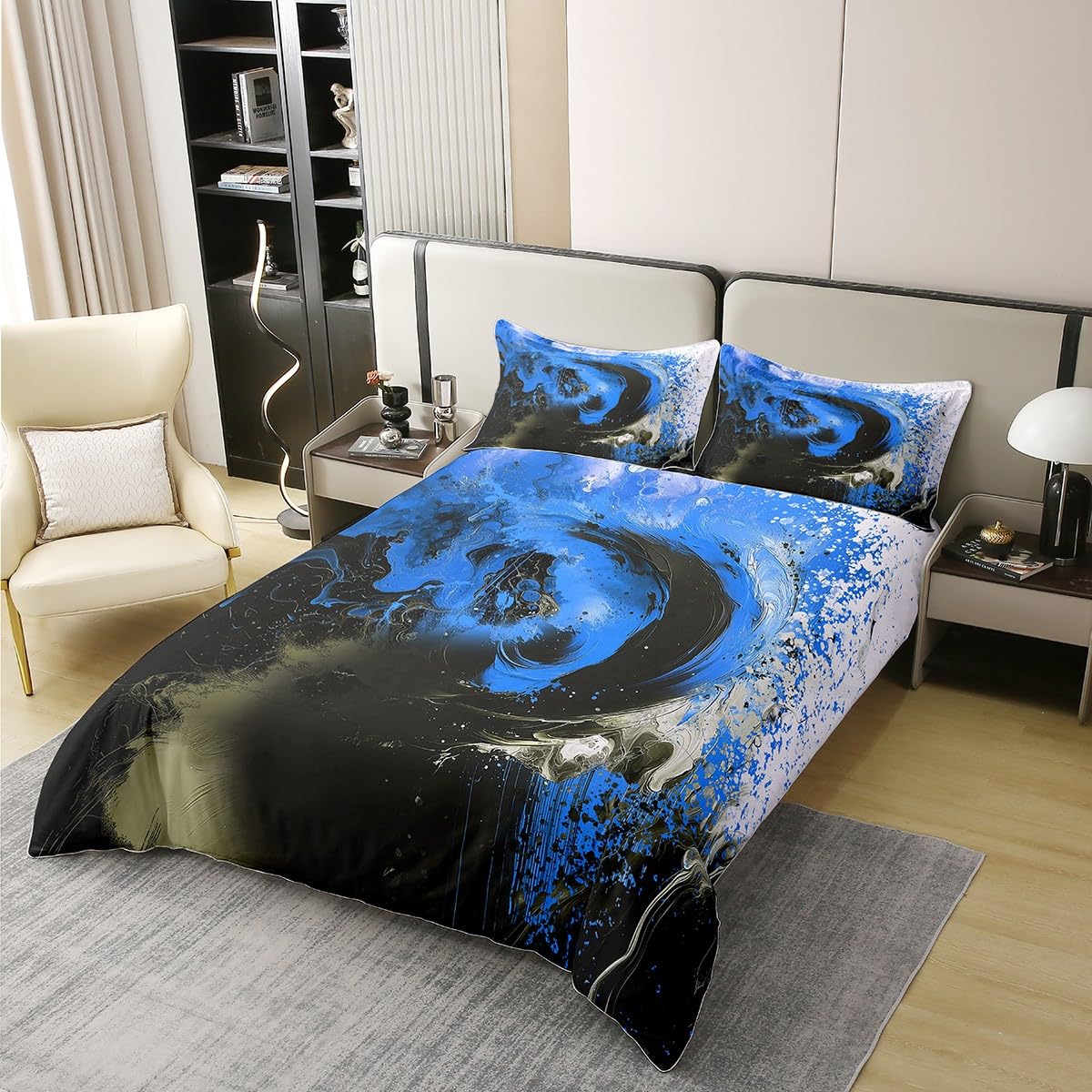 jejeloiu Steel Blue Duvet Cover 100% Cotton King Size Kids Abstract Geometric Comforter Cover for Boys Girls Teens Modern Art Bedding Set Breathable Soft Room Decor