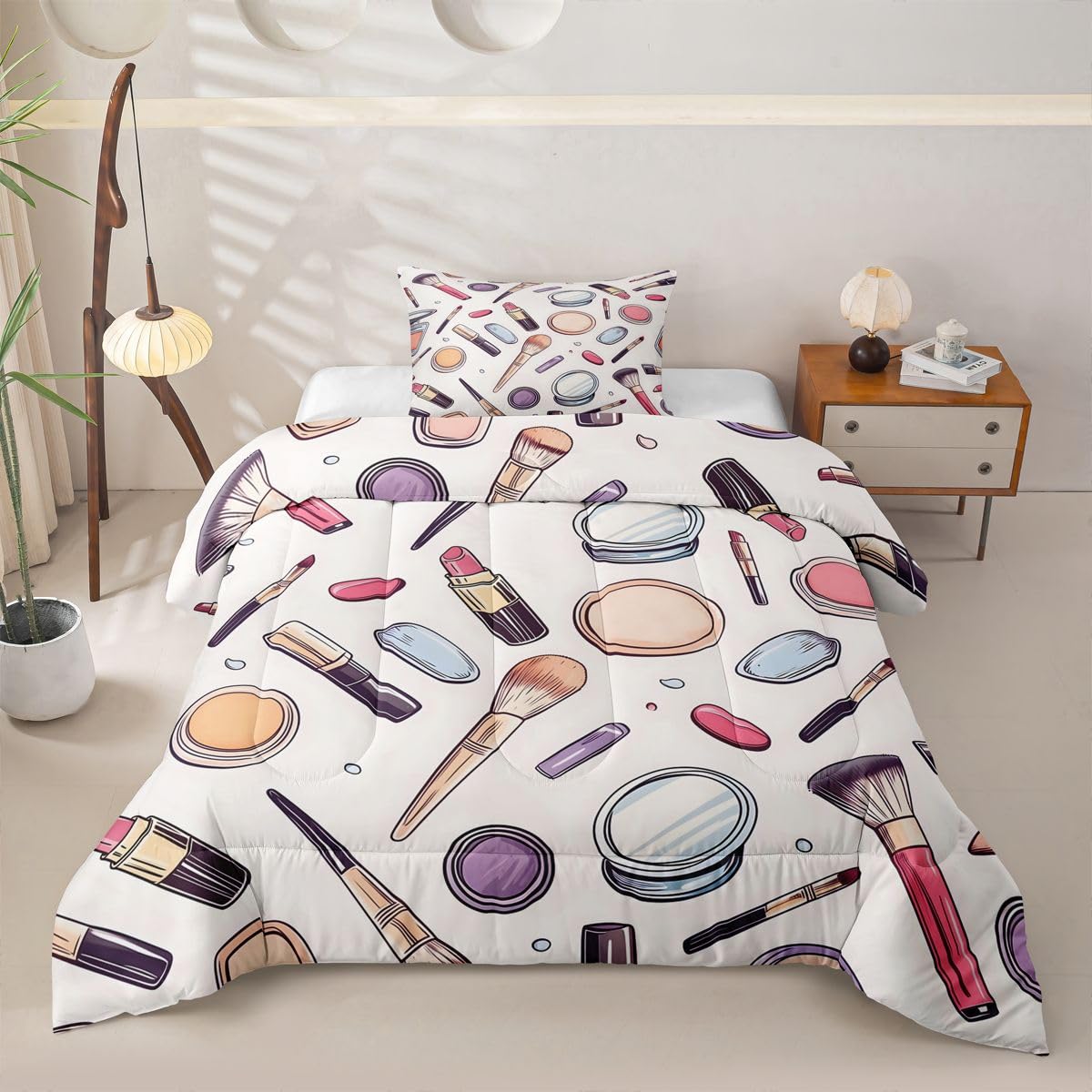Erosebridal Cosmetics Perfumes Comforter Set Fashion Girl Twin Bedding Sets for Girls Kids Teens Child Makeup Pattern Comforter Nail Polish Decorative Quilt